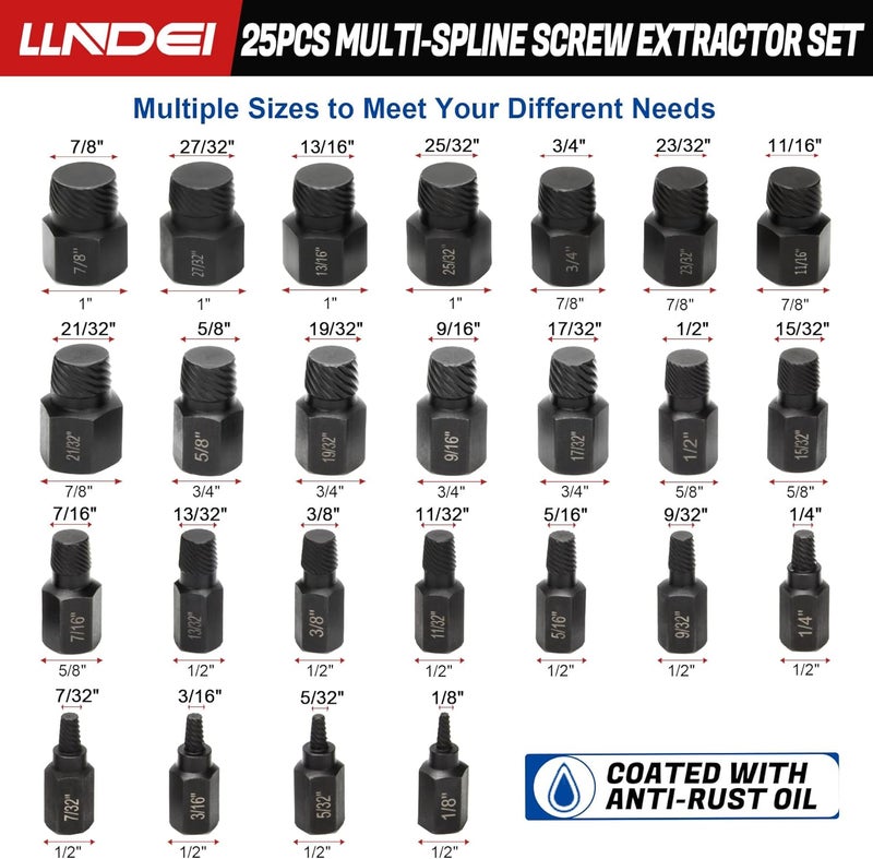 LLNDEI Screw Extractor Set Hex Head Multi-Spline Easy Out Bolt Extractor Set, EZ Out Rounded Screw Remover, 1/8 Inch to 7/8 Inch in 1/32-Inch Increments, CR-MO, 25 Pieces, Stripped Fastener Tool - Image 4